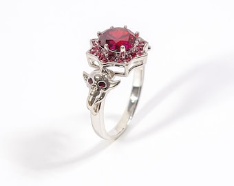 1.50CT Pink Ruby Skull Ring Women-Vampire Skull Engagement Ring-10k 14k 18k White Gold Skull Wedding Ring-Gothic Rings-Skull Jewelry-Octagon