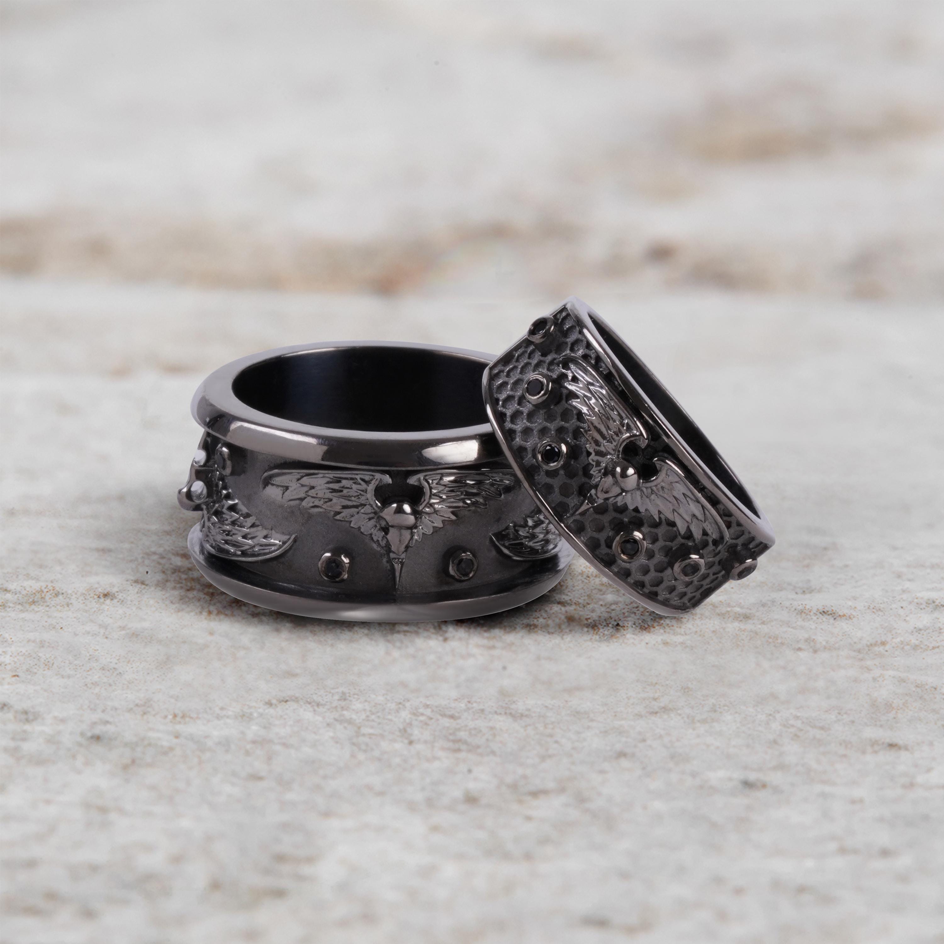 Viking Raven Wedding Band Set: Gothic Black Moissanite Sterling