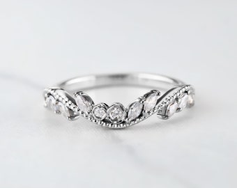 Anillo de boda con realce curvo, circonita cúbica AAA en forma de marquesa, anillo de compromiso, realce protector, plata, oro rosa, milgrain, estilo art déco vintage, anillo de aniversario, regalo