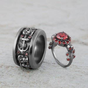 Skull Anchor Wedding Band for Men, Red Garnet Leaf Skull Engagement Ring for Women, Matching Couple Rings Set His and Her, Sterling Silver