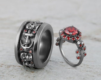 Couple Skull Wedding Rings — Skull Wedding Ring for Men, Skull Rings for Couples, Diamond Engagement Rings for Couples, Red Band for Lovers
