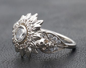 Skull Flower Ring - Sterling Silver Boho Jewelry, Goth Fashion