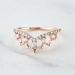 Art Deco Ring Enhancer AAA CZ Tiara Wedding Band Crown Engagement Ring Women Rose Gold Sterling Silver Antique Anniversary Ring Curved Guard