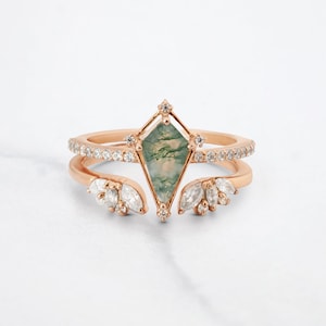 Kite Cut Natural Moss Agate Ring Set, Nature Inspired Bridal Rings, Kite Shaped Engagement Ring, Open Vintage Wedding Band, Rose/White Gold