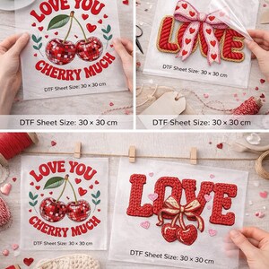 May include: DTF transfer sheets, each 30 x 30 cm, displayed. One design shows cherries and the text "LOVE YOU CHERRY MUCH." Another features the word "LOVE" with a bow and cherries. Ideal for crafting and DIY projects.