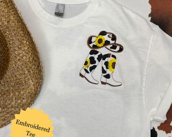 Embroidered Cowgirl Boots T-Shirt, Western Line Dance Oversize Tee