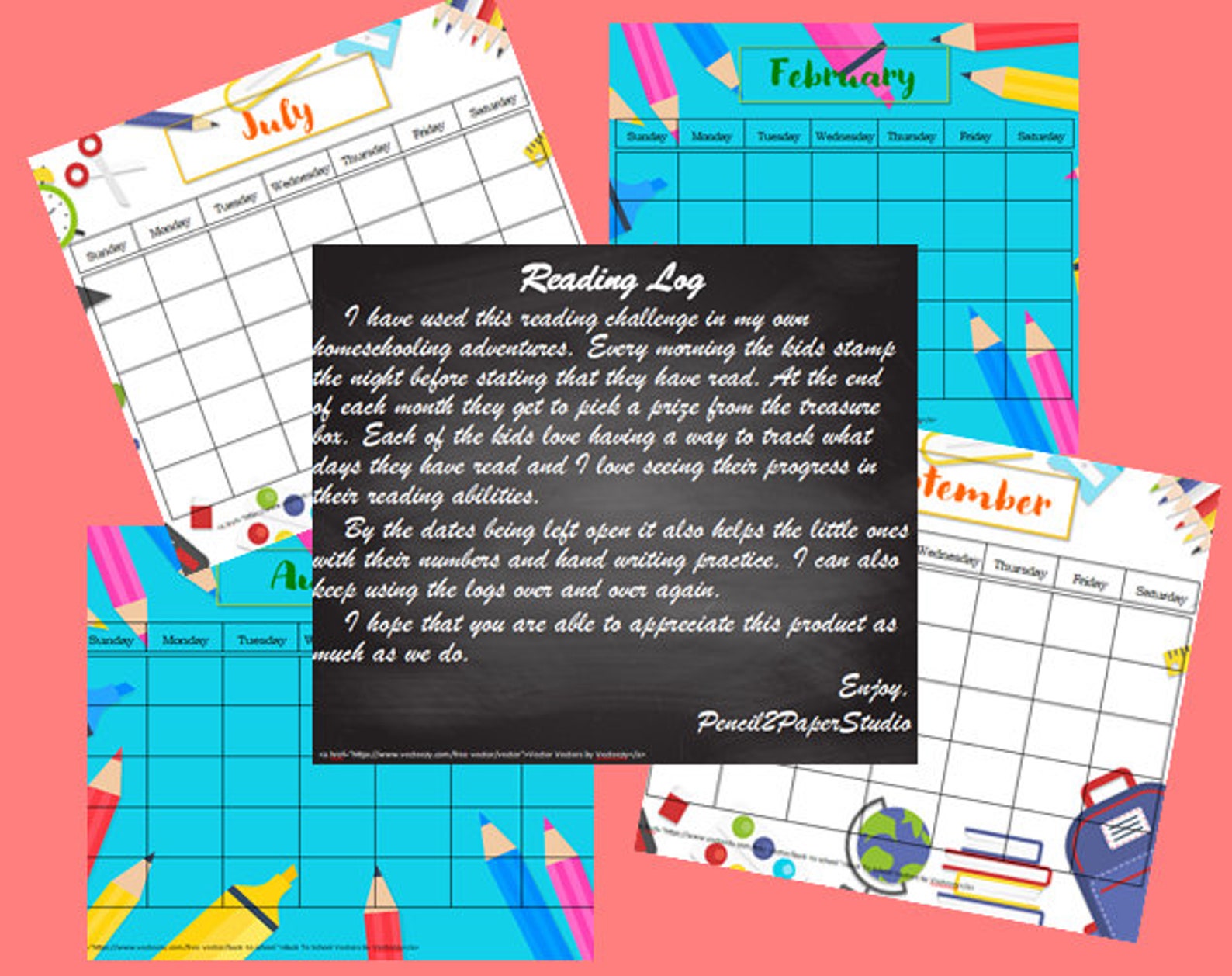 Reading Log Calendar PDF Digital Files Kids Reading Etsy