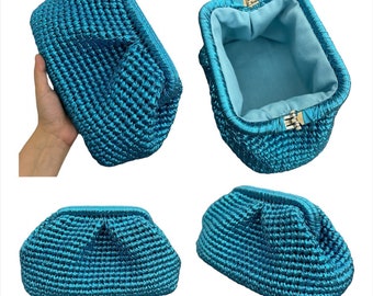 Crochet Blue Metallic Raffia Clutch Bag / Handmade  Evening Knitted Pouch Bag