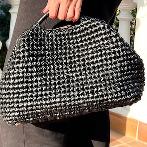 Black Leather Metallic Raffia Top Handle Large Clutch Bag,Evening Party Clutch Bag,Metallic Clutch Handbag