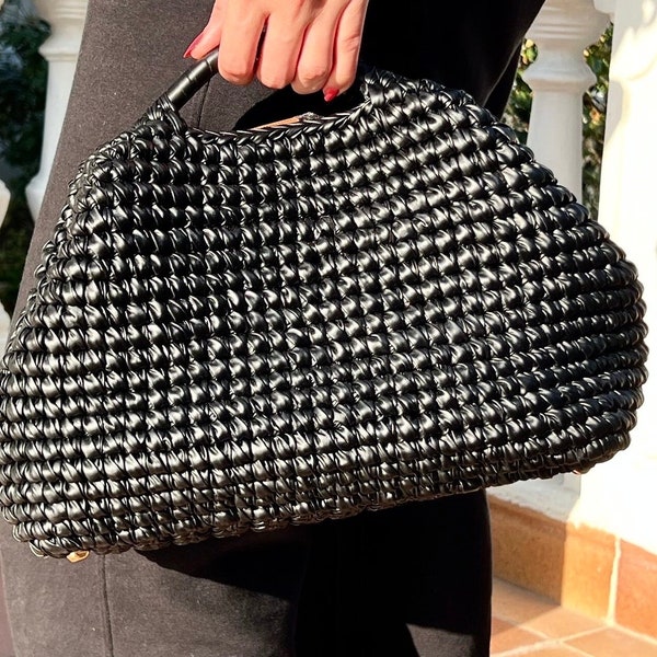 Black Leather Metallic Raffia Top Handle Large Clutch Bag,Evening Party Clutch Bag,Metallic Clutch Handbag