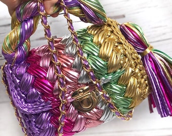 Crochet Metallic Bag: Handmade Colorful Knitted Shoulder Bag