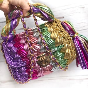 Crochet Colorful Metallic Bag , Handmade Colorful Knitted Metallic Bag , Luxury Woman Metallic Bag