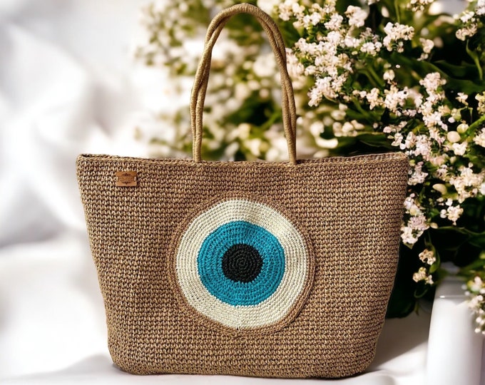 Evil Eye Embroidered Crochet Raffia Straw Summer Bag,Woven Beach Tote Bag