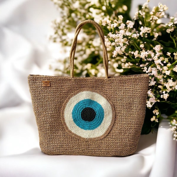 Evil Eye Embroidered Crochet Raffia Straw Summer Bag,Woven Beach Tote Bag
