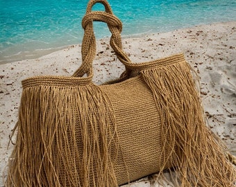 Bolso tote playero de rafia de crochet con flecos XL: bolso de hombro tejido estilo bohemio