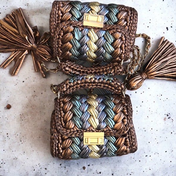 Colorful Leather Metallic Hand Woven Crochet Handmade Luxury Tote Bag