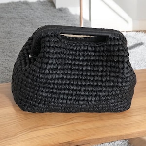 Black Metallic Woven Raffia Leather Pouch Clutch Bag,Evening Shoulder Bag,Wedding Crochet Clutch Bag,Handmade Gift for Her
