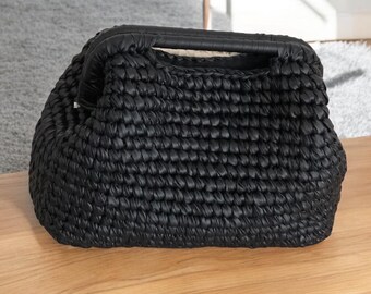 Black Metallic Woven Raffia Clutch: Handmade Evening Bag