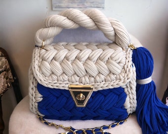 Handmade Crochet Colorful Shoulder Bag,Beige and Sax Blue Luxury Multicolor Custom Designer Bag