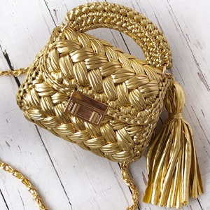 Gold Leather Metallic Crochet Shoulder Bag,Luxury Hand Woven Bronze Metallic Crossbody Bag,Handmade Evening Party Metallic Raffia Bag