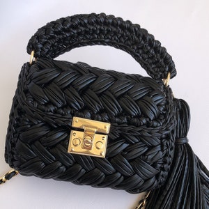 Luxury Crochet Evening Bag , Knitted Leather Black Metallic Bag , Handmade Personalized  Shoulder Bag