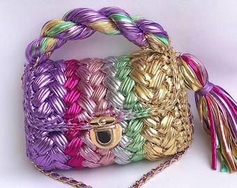 Handmade Colorful Metallic Leather Crossbody Bag: Designer Party Tote
