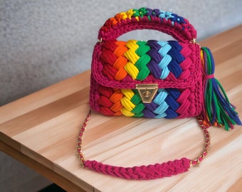 Large Size Rainbow Colorful Hand Woven Crochet Luxury Crossbody Handmade Tote Bag,Birthday Gifts For Women Bag