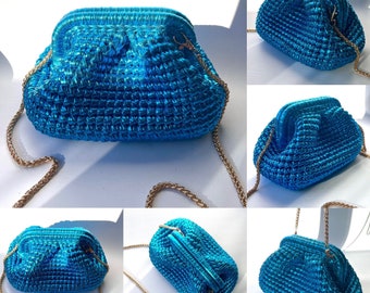 Crochet Metallic Raffia Clutch Bag,Luxury Evening Knitted Bag with Chain,Handmade Mini Pouch Bag,Knitted Woven Metallic Leather Clutch Bag
