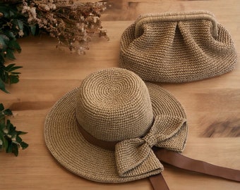 Crochet Straw Raffia Bucket Hat with Bow Detail, Handmade Raffia Beach Hat and Crochet Straw Pouch Clutch Bag Set