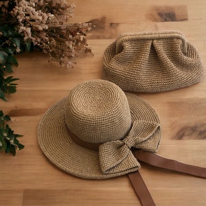 Crochet Straw Raffia Bucket Hat with Bow Detail, Handmade Raffia Beach Hat and Crochet Straw Pouch Clutch Bag Set