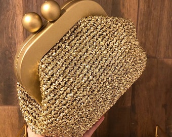 Bolso de mano de rafia metálica, Clutch de fiesta hecho a mano, Bolso de bolsa de noche brillante, Bolso de embrague de ganchillo