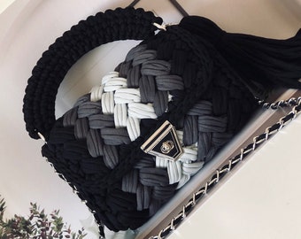 Handmade Crochet Bag: Capri Luxury Designer Black Knit Bag