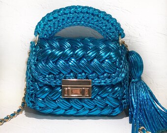 Blue Metallic Crochet Leather Bag: Luxury Woven Tote