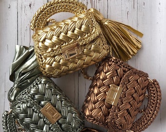 Metallic Crochet Leather Tote Bag: Handmade Woven Evening Handbag