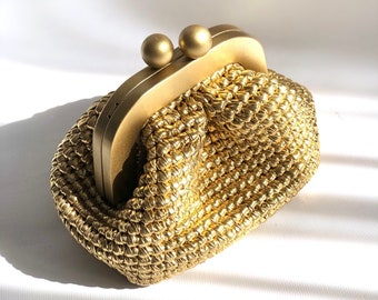 Crochet Metallic Raffia Clutch Bag,Evening Knitted Pouch Bag,Handmade Luxury Clutch Bag, Evening Clutch For Wedding