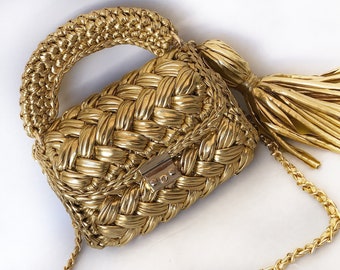 Handmade Crochet Metallic Gold Shoulder Bag: Personalized Leather Tote