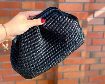 Black Metallic Leather Raffia Clutch Bag,Handmade Custom Leather Handbag,Crochet Vegan Leather Clutch Bag Women,Knitted Evening Clutch Bag