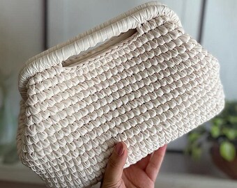 Crochet Metallic Raffia Clutch Bag: Handmade Evening Pouch
