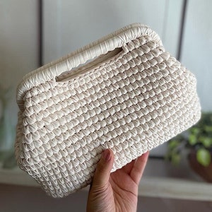 Crochet Metallic Leather Raffia Clutch Bag / Evening Knitted Pouch Bag / Handmade Leather Clutch Bag