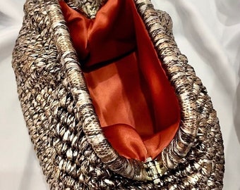 Crochet Metallic Raffia Leopard Clutch Bag , Evening Knitted Pouch Bag