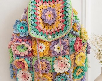 Crochet Granny Square Backpack,Colorful Floral Cotton Yarn,Boho Cottagecore Style
