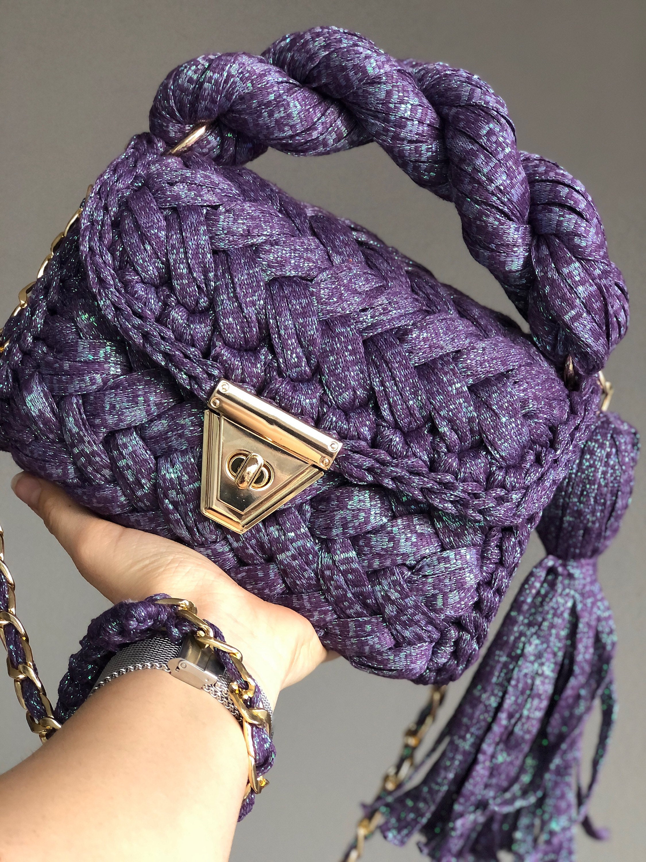 TYPESERVICE ♥ Glittered Rose Handmade Knitted Bag Flower Crochet Bag Luxury Style Sparkly Evening Shoulder Bag