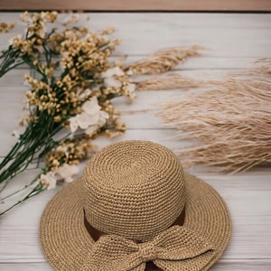 Crochet Straw Raffia Bucket Hat with Bow Detail, Handmade Raffia Beach Hat and Crochet Straw Pouch Clutch Bag Set image 3