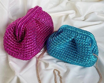 Metallic Raffia Crochet Evening Knitted Pouch Bag,Handmade Luxury Metallic Clutch Bag