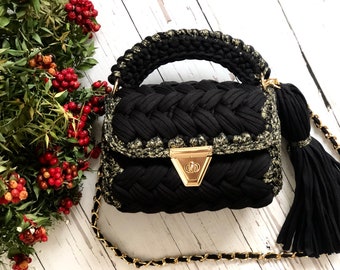 Luxe gehaakte tas, zilverachtige zwarte tas, handgemaakte tas voor vrouwen, capri luxe tas, gepersonaliseerde geschenken voor haar, Valentijnsdag geschenken