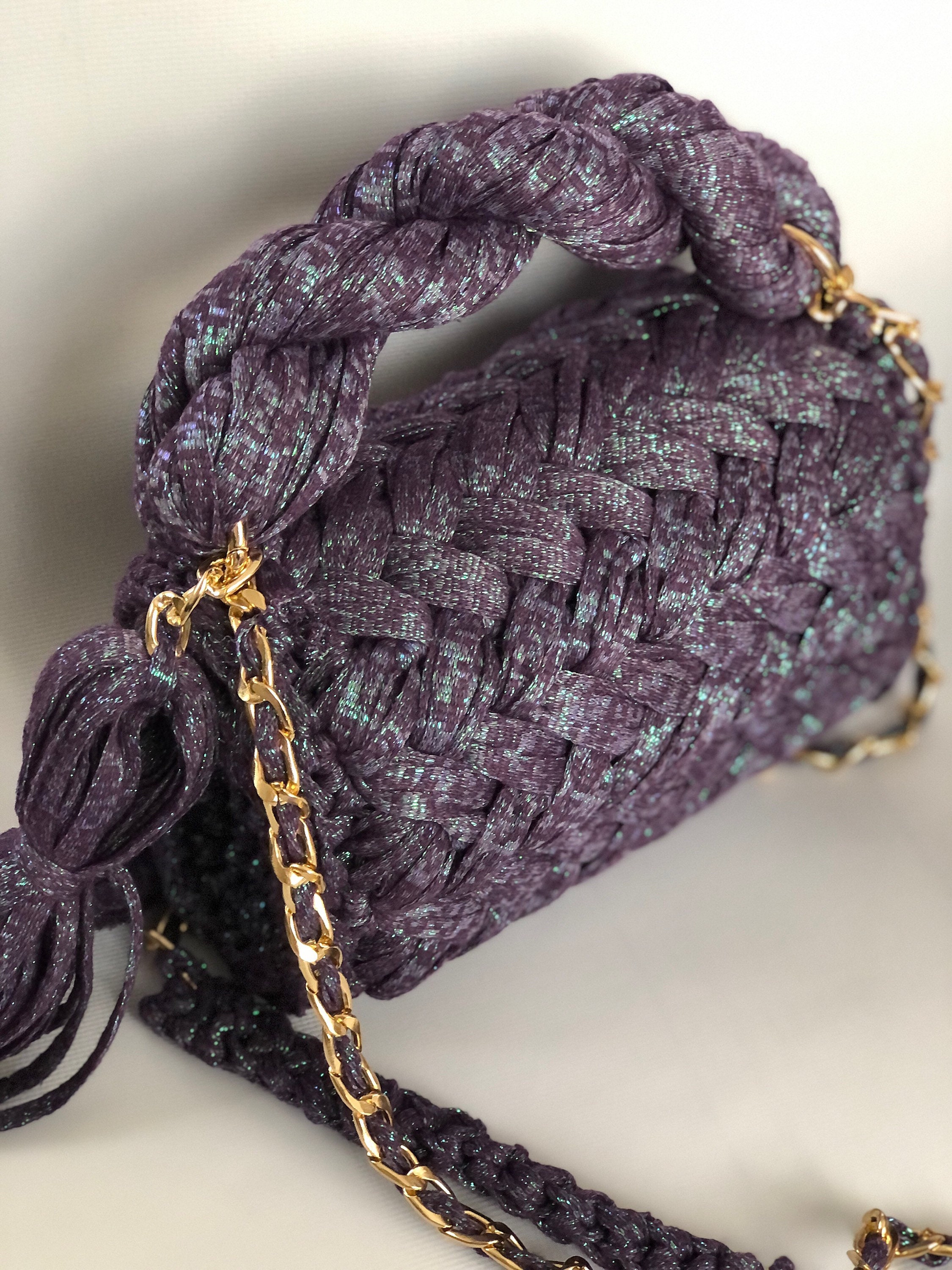 Handmade Crochet Glitter Blue Bag/luxury Bag/knitted Bag
