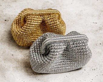 Metallic Raffia Crochet Clutch Bag: Knitted Evening Party Pouch