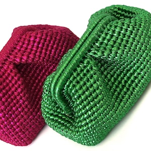 Sac en raffia fait à la main / Sac de pochette au crochet du soir / Sac d’embrayage métallique tricoté / Sac en cuir métallique de luxe