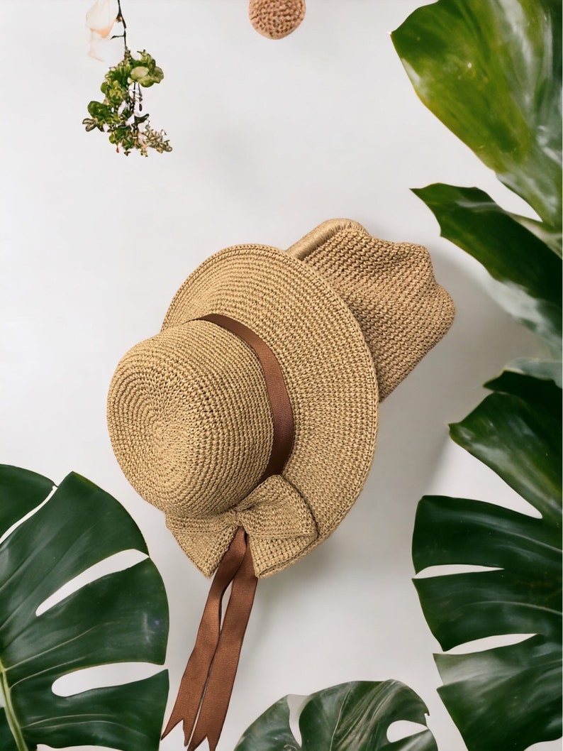 Crochet Straw Raffia Bucket Hat with Bow Detail, Handmade Raffia Beach Hat and Crochet Straw Pouch Clutch Bag Set image 8