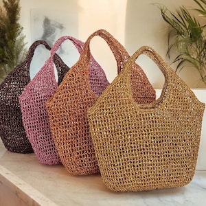 Gold Metallic Raffia Mesh Strand Einkaufstasche, gewebte große Strandtasche, häkeln Sommer Tragetasche, glänzende Glitzer Strandtasche